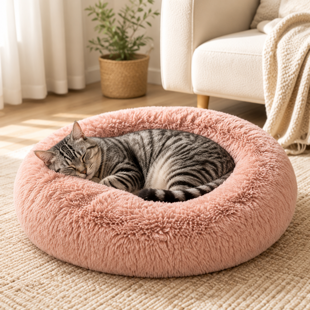 KI-Motiv: getigerte Katze im rosafarbenen SchnuffiNest-Donutbett